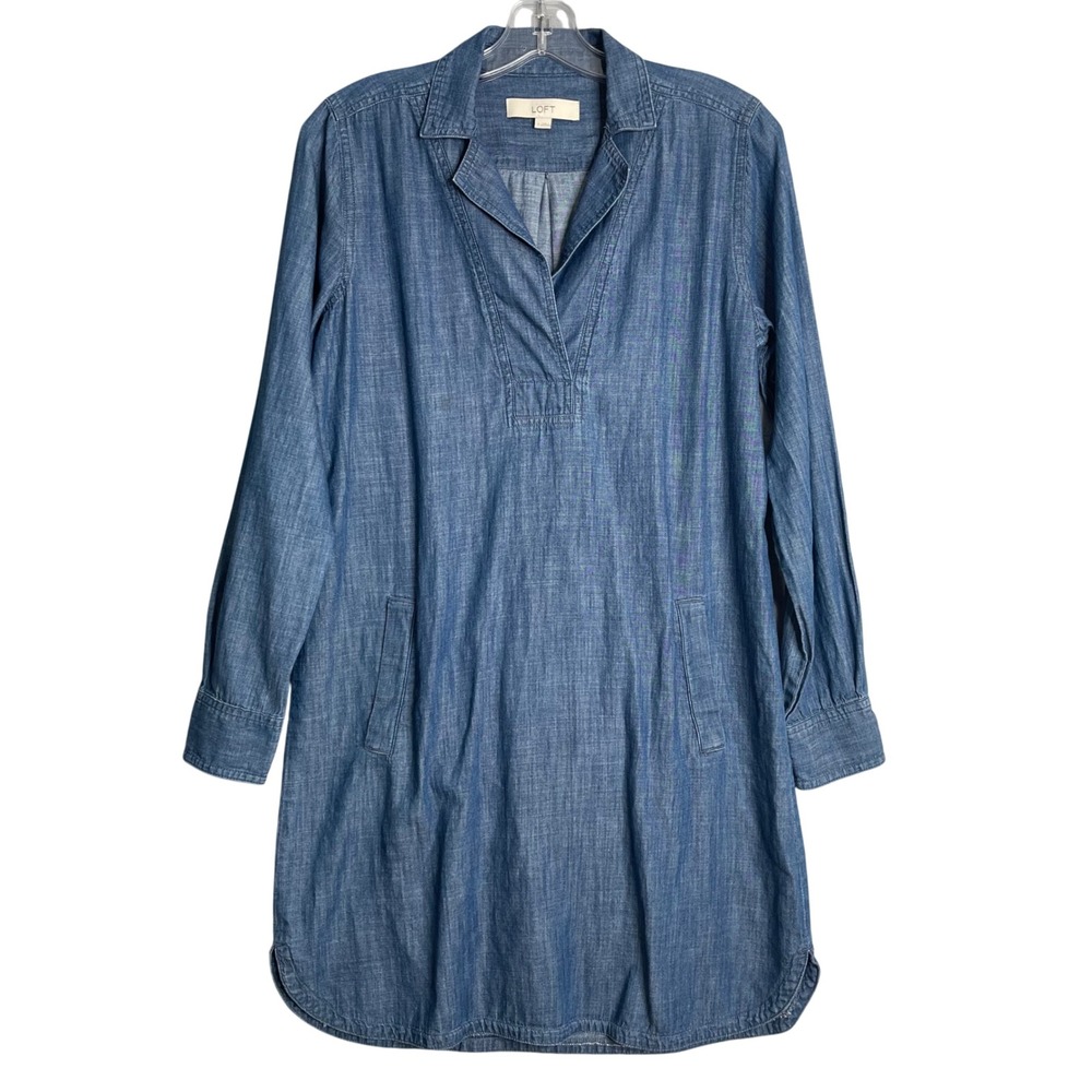 Loft Shirt Dress Womens S Blue‎ Chambray Long Sleeve Preppy Minimalist Causal